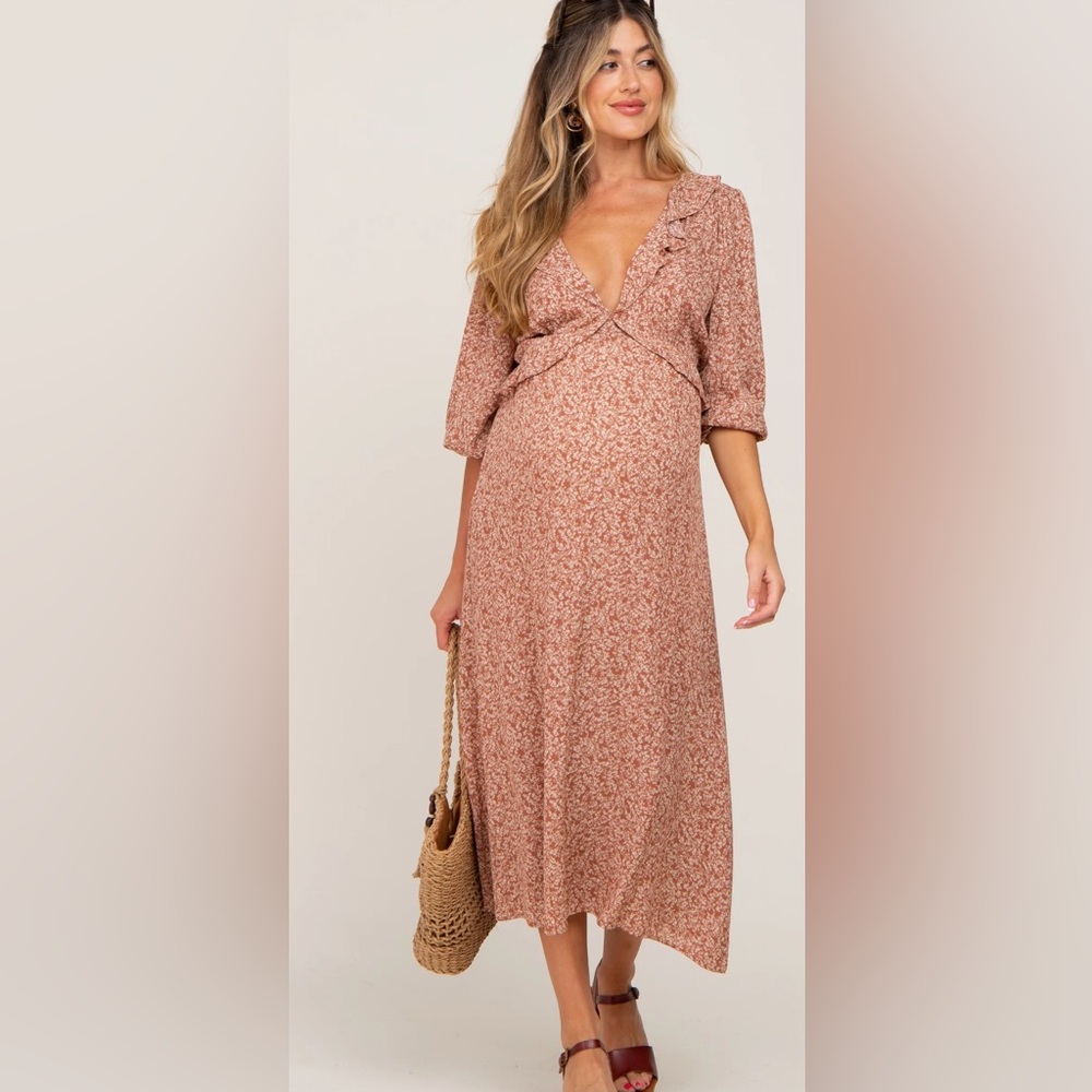 Pink Blush Rust Floral Ruffle V-Neck Maternity Midi Dress Size Medium - Picture 4 of 5